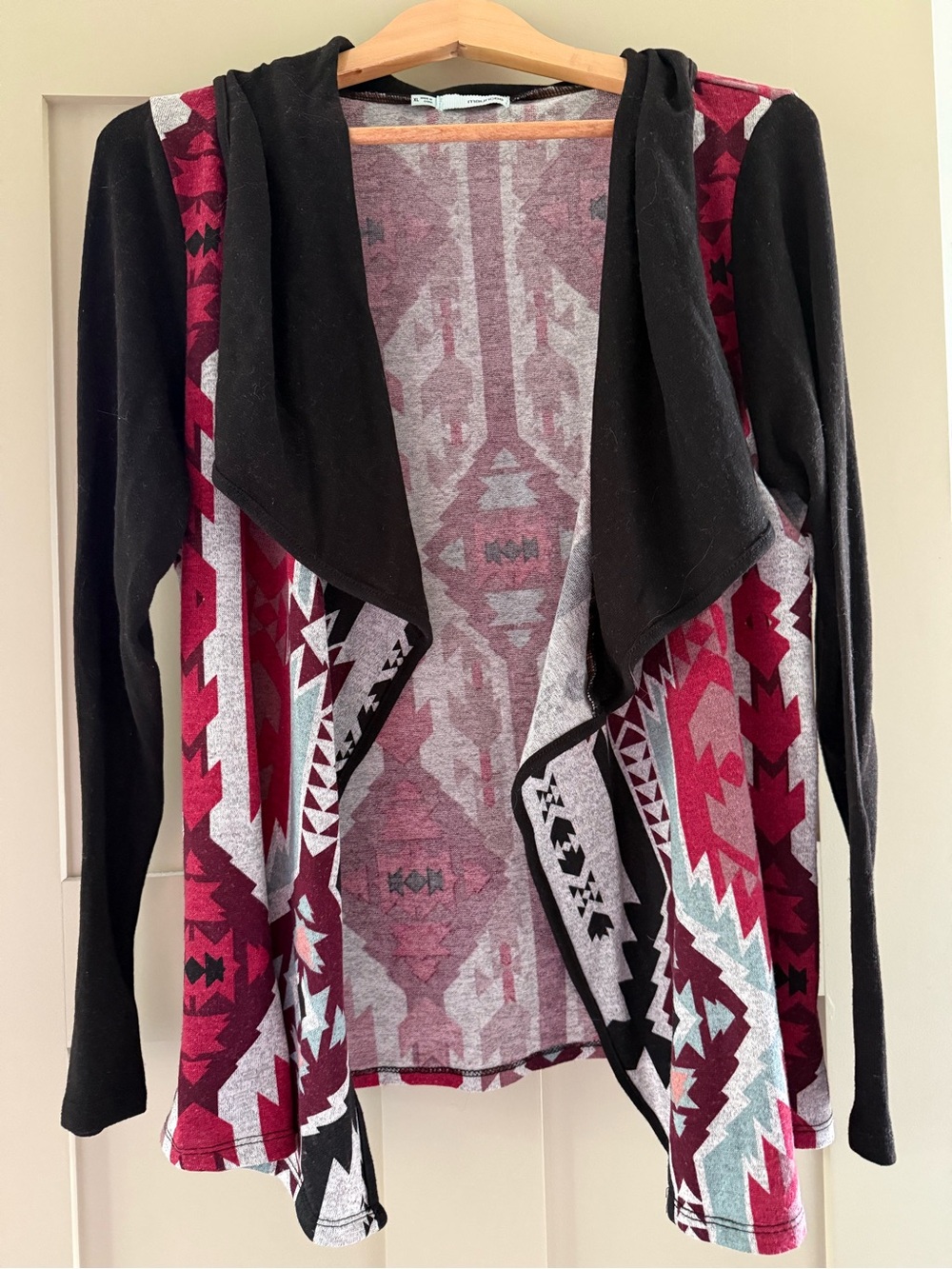 Maurices Open-Front Aztec Cardigan in Burgundy and Black